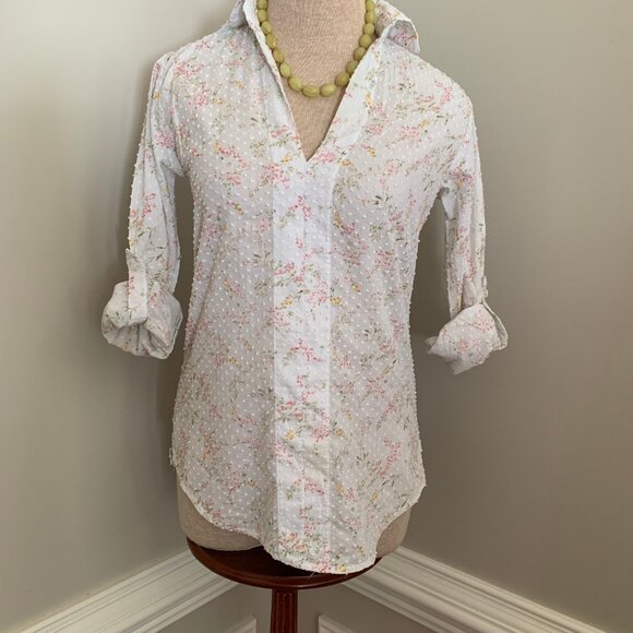 Seaplane Cotton Swiss Dot Split Neck Popover Long Roll Tab Sleeves Blouse XXS - Picture 3 of 12